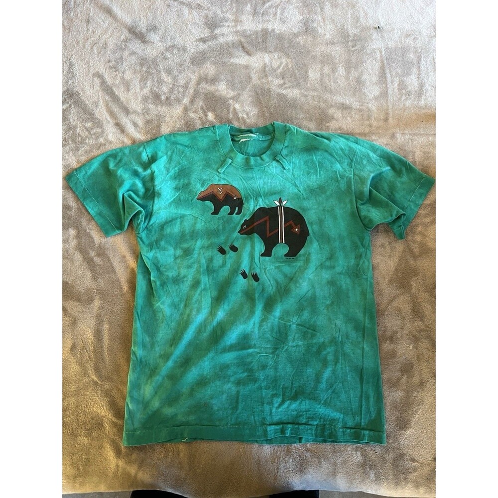 Vintage 80s WWA Tie-Dye Native Bear Shirt Size L Loop Camp Outdoor Nature Tribal